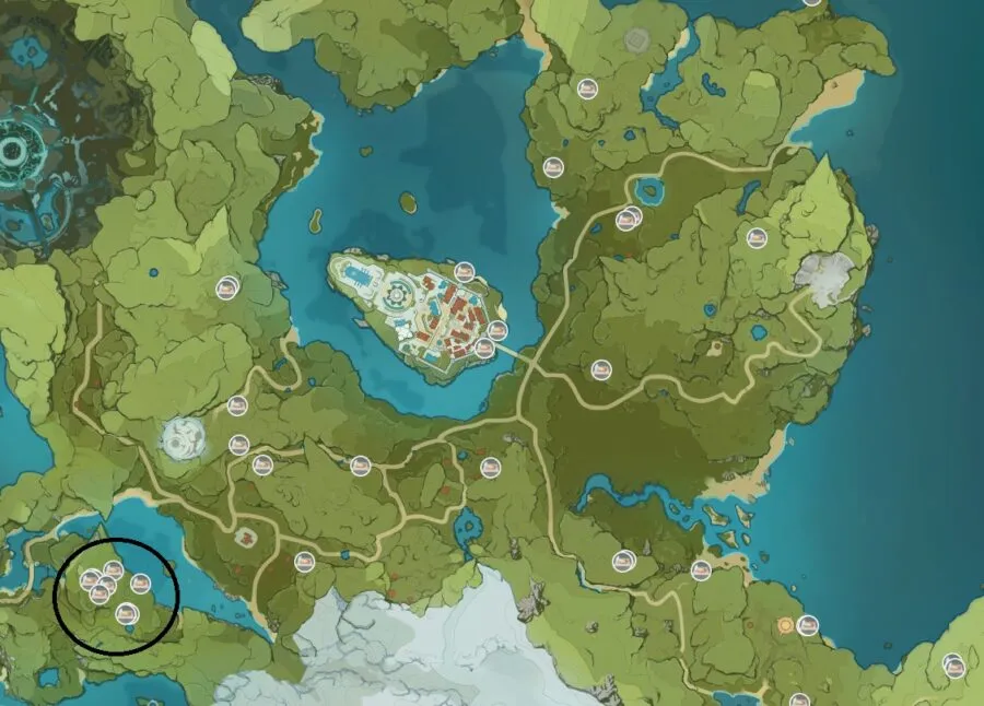A screenshot of where to find Dandelions in Genshin Impact.