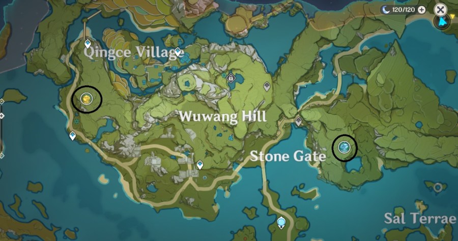 A screenshot of the map in Genshin Impact, showing off the location of Ley Lines