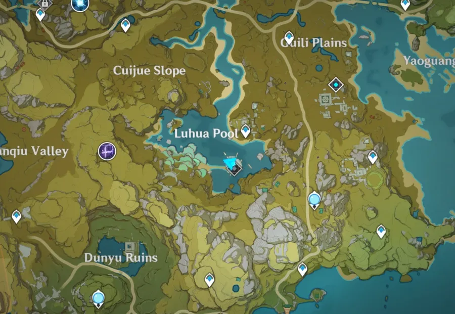 A screenshot showing where the Luhua Pool location in Genshin Impact.
