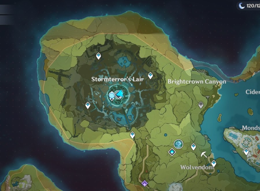 A screenshot showing the location of Stormterror's Domain in Genshin Impact