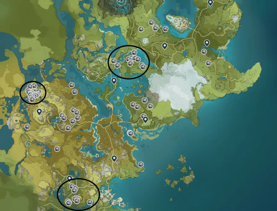 A screenshot of where to find White Iron Chunks in Genshin Impact.