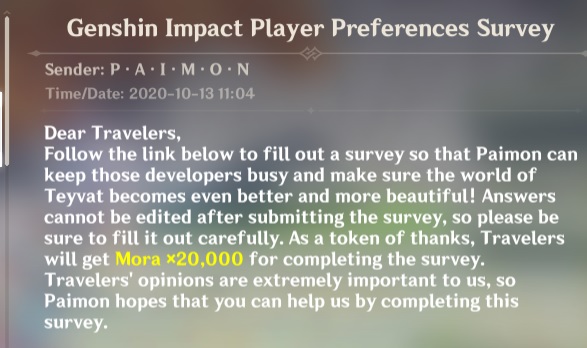 A screenshot of the email miHoYo has sent to users in-game in Genshin Impact.