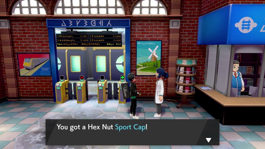 A screenshot of the female scientist in the Crown Tundra station who gives you the Hex Nut Sport Cap for showing her a certain Pokemon - Meltan or Melmetal