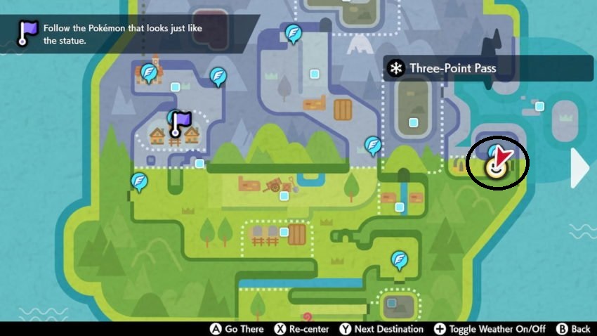 A screenshot of the map in Pokemon Sword and Shield of the area of the Crown Tundra showing where Regieliki and Regidrago's tomb ruins is found