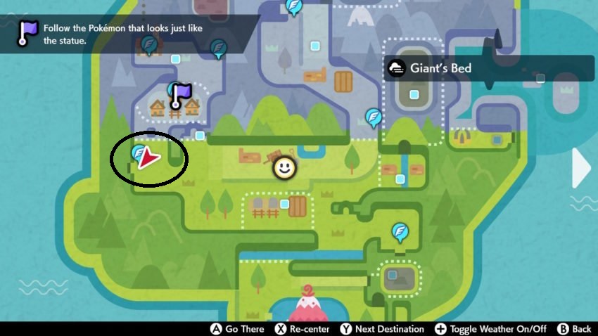 A screenshot of the map in Pokemon Sword and Shield of the area of the Crown Tundra showing where Registeel's ruins is found
