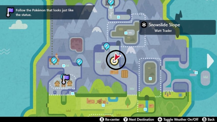 A screenshot of the map in Pokemon Sword and Shield of the area of the Crown Tundra showing where Regice temple is found