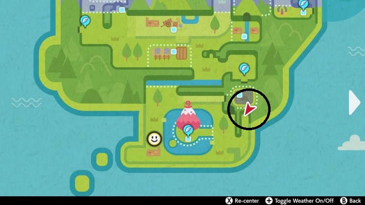 A screenshot of the Crown Tundra showing the location of where Pokémon Spiritomb is