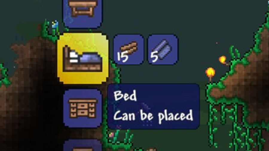 A screenshot of the bed about to be crafted in Terraria