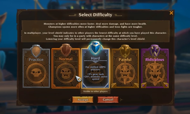 A screenshot from Torchlight 3 showing off the difficulty settings