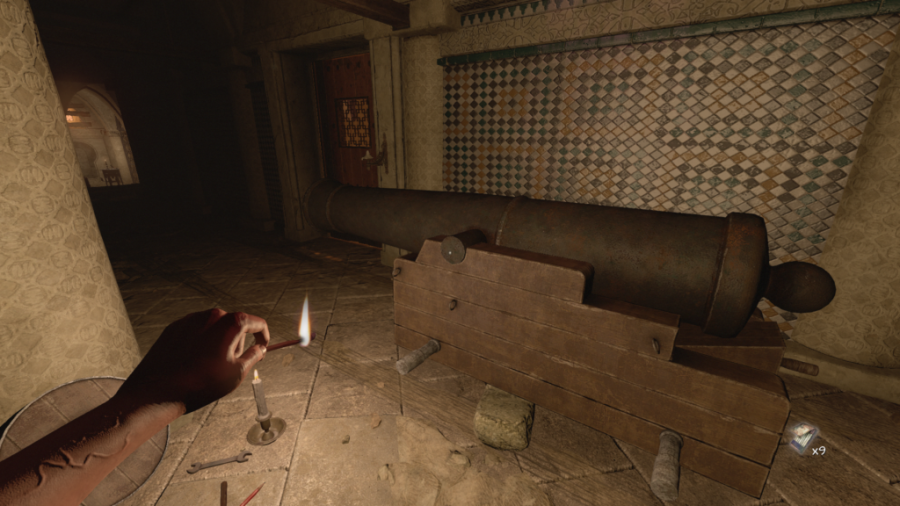 A screenshot of the cannon on the upper floor of the barracks in Amnesia: Rebirth