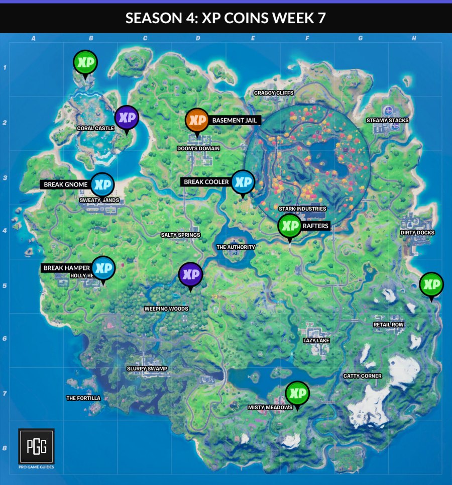 XP coins maps for Fortnite Chapter 2: Season 4 Week 7