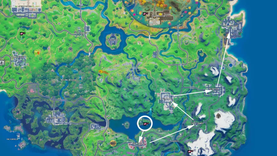 Fortnite five named locations travel path map