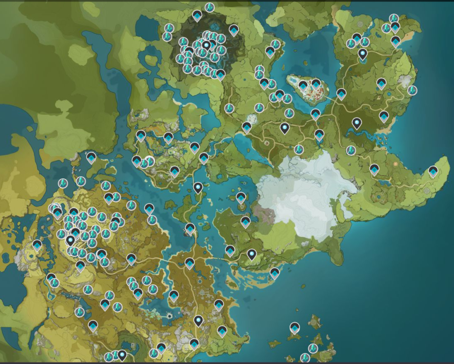 A screenshot of the Genshin Impact map showing off the locations of Crystal Chunks
