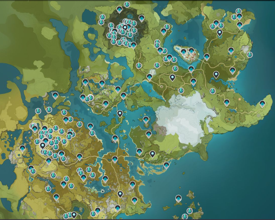 A screenshot of the Genshin Impact map showing off the locations of Crystal Chunks