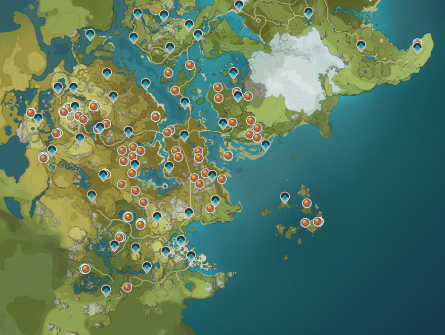 A screenshot of the Genshin Impact map showing off the loations of Flaming Flower Samen