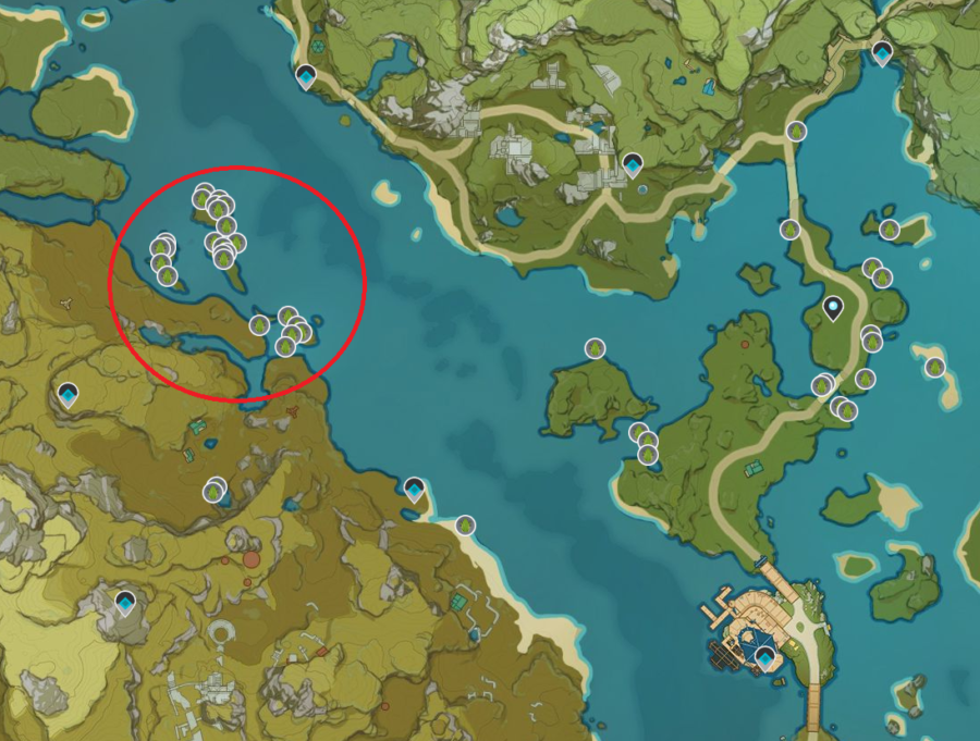 A picture of the map of Genshin Impact showing the location of wher to find Frogs