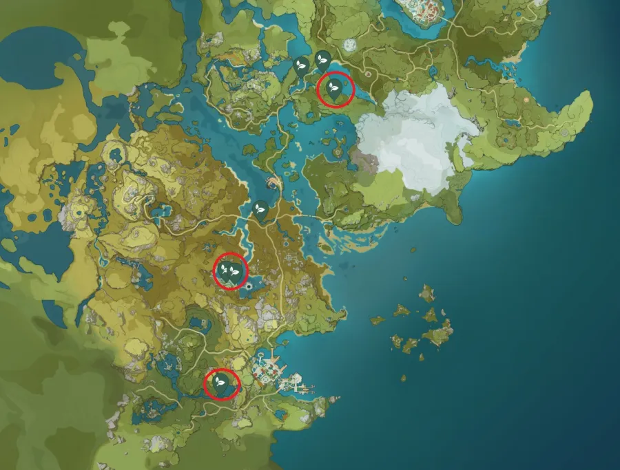 A screenshot of the map in Genshin Impact showing off the locations to find Lotus Head