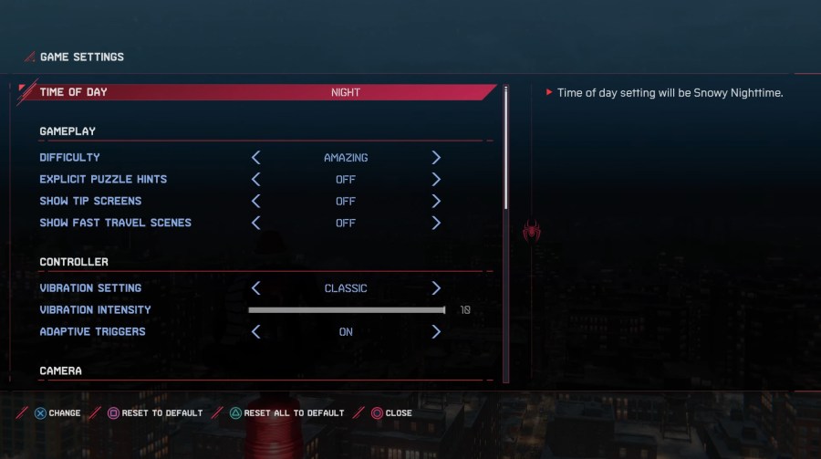 A screenshot of how to change the time of day in Spider-Man: Miles Morales