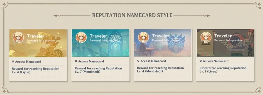 A picture showing off the new Namecards coming with the Reputation System coming to Genshin Impact in update 1.1
