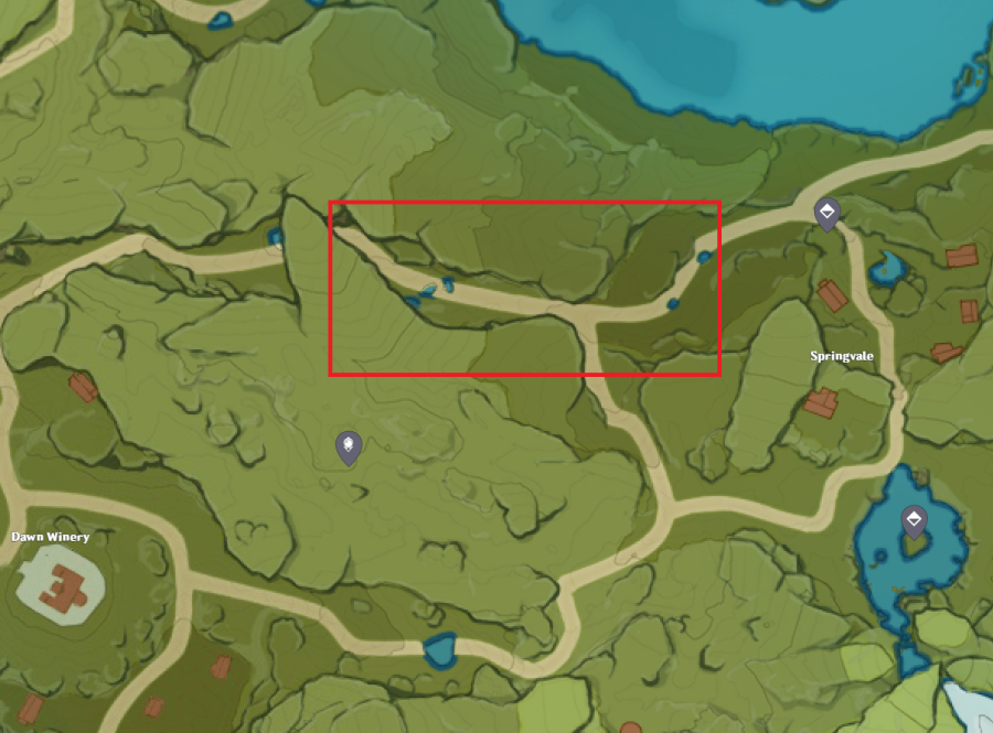 A picture of the Genshin Impact map showing the best location to find wheat