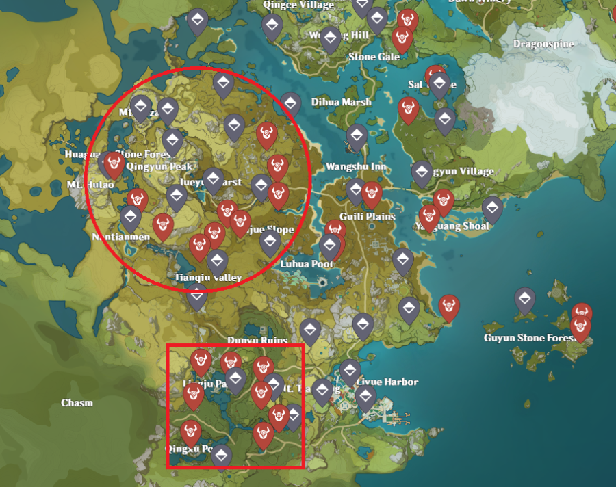 A picture of the Genshin Impact map, showing off the locations of the Abyss Mages to get the Dead Ley Line materials
