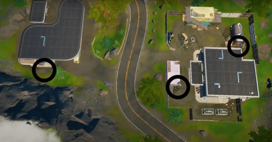 A screenshot of Catty Corner in Fortnite showing the locations of where to plant the three pieces of evidence