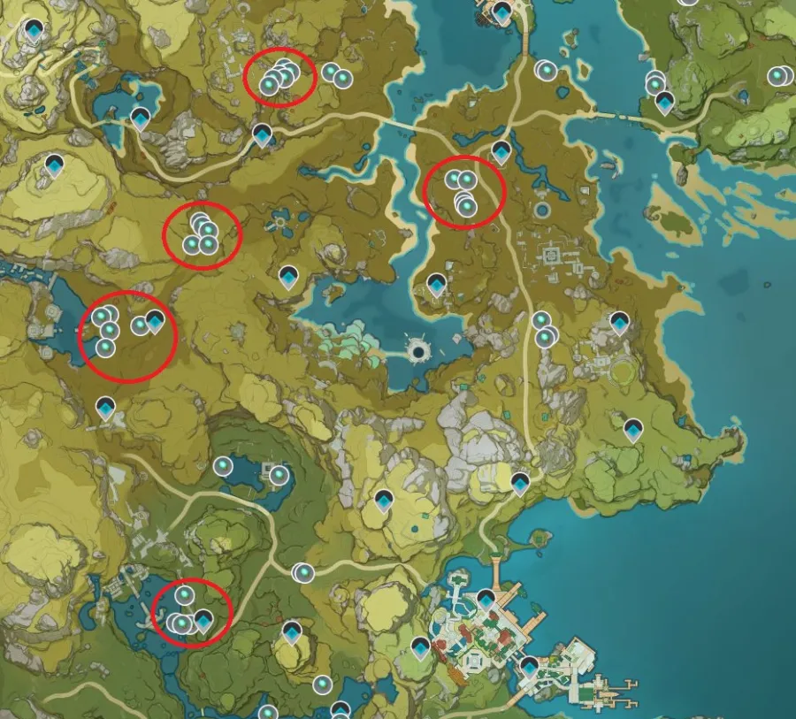 A screenshot of the Genshin Impact map for the location of where to find Luminescent Spine