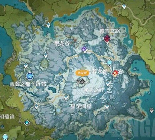 A leaked screenshot of the Dragonspine region coming in Genshin Impact 1.2 showing off the four new boss locations
