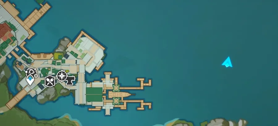 A picture of the map of Genshin Impasctyt, showing off the lcoation of the Pearl Galley offshore of Liyue Harbor