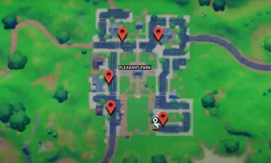 A screenshot of Fortnite in the Pleasant Park location in where to find the Mailboxes