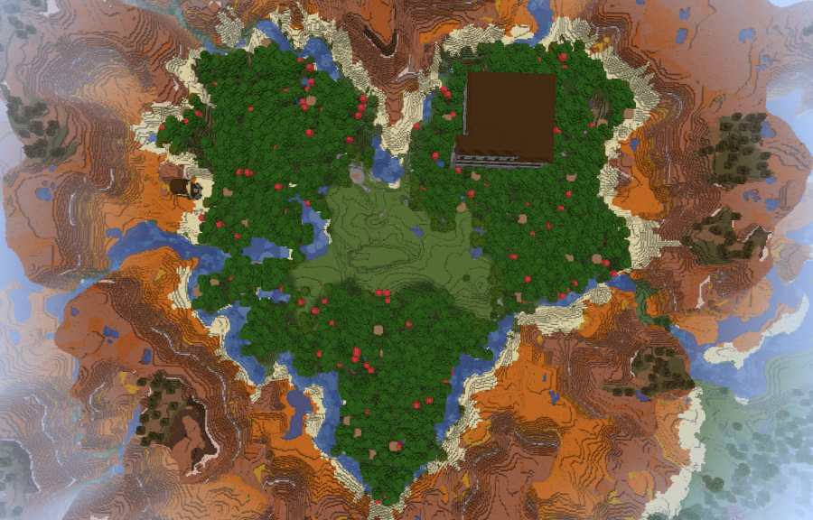 A mansion in a heart shaped forest in Minecraft.