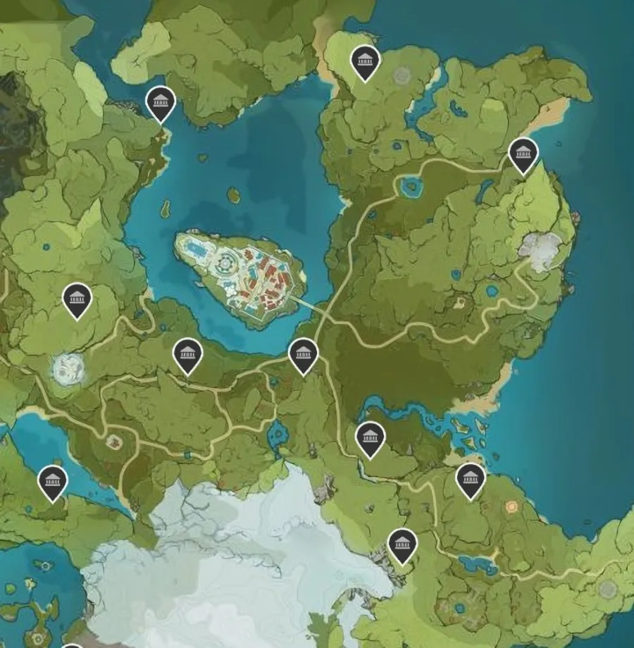 A screenshot of the map in Genshin Impact showing off the locations of the Shrine of Depths in Mondstadt