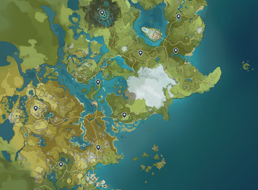 A screenshot of the map in Genshin Impact, showing off the lcoations of the Statues of the Seven.
