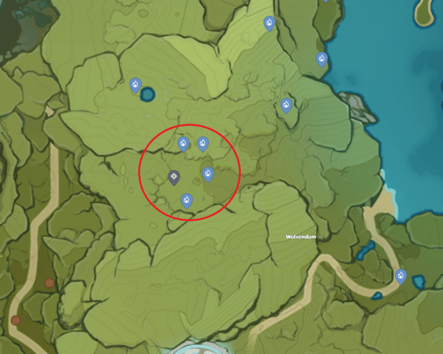 A picture of Genshin Impacts map showing the location of Cecilia Garden and the location of the Seelies to solve the puzzle