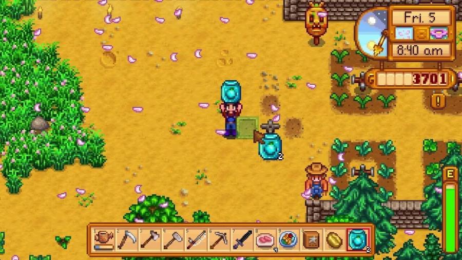 A character planting Ancient Fruit Seed in Stardew Valley.