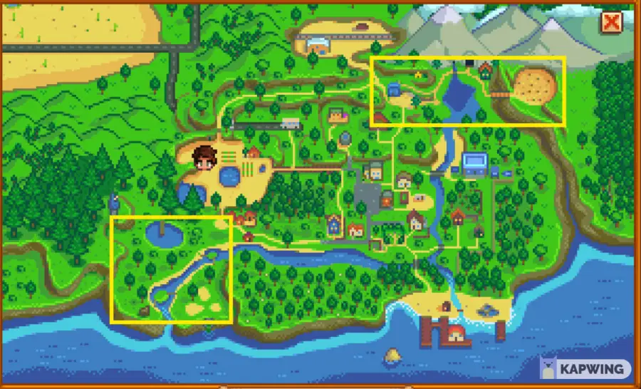 Stardew Valley Map highlighting Cindersap Forest and The Mountain.