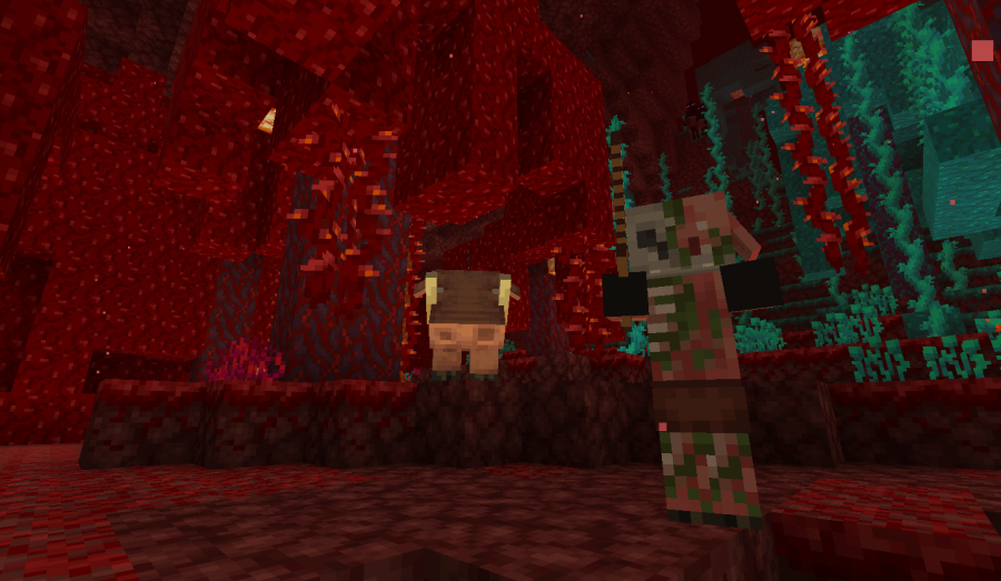 Minecraft Crimson Forest and its inhabitants.