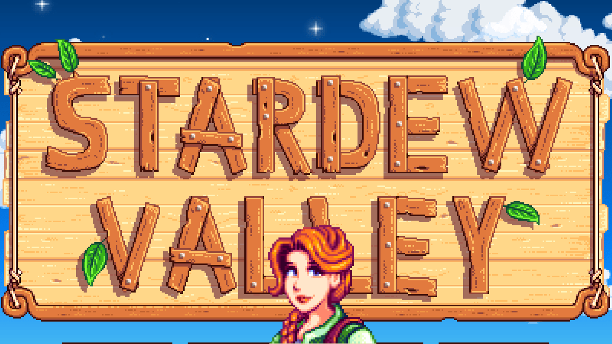Leah in front of the Stardew Valley title screen.