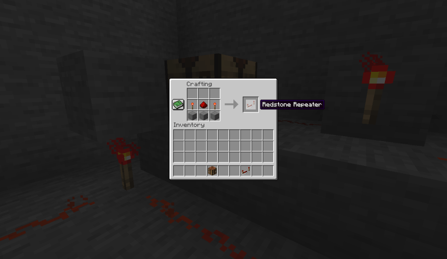 The crafting recipe for a Redstone Repeater.