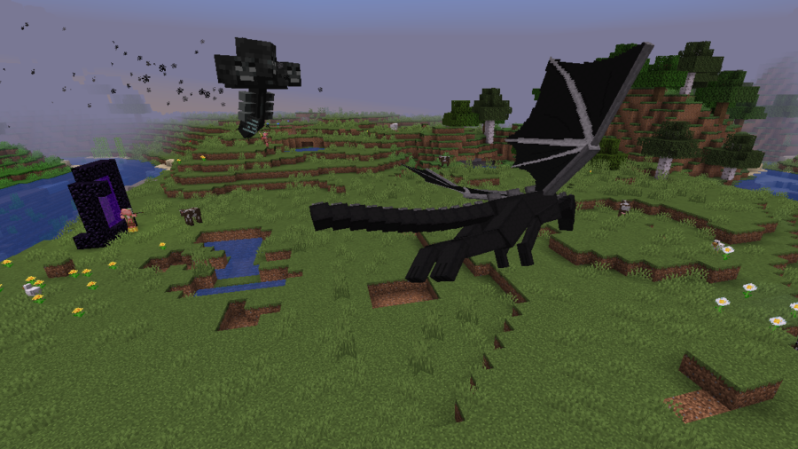 A Wither and an Ender Dragon Fighting.