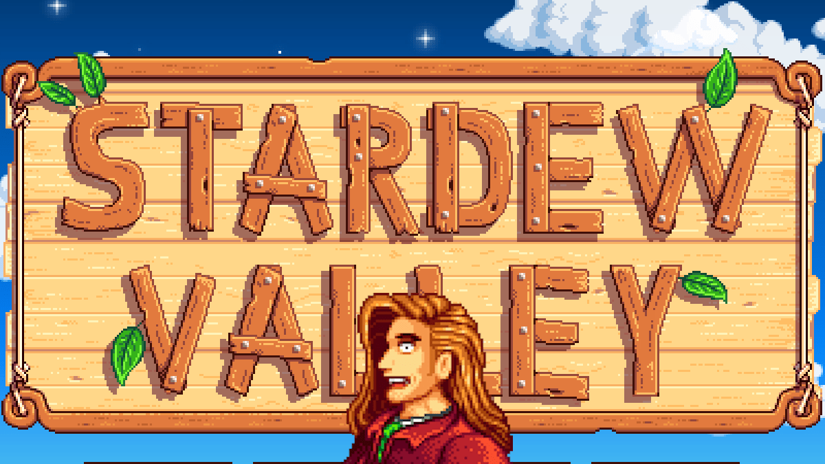 Elliot in front of the Stardew Valley Loading Screen.