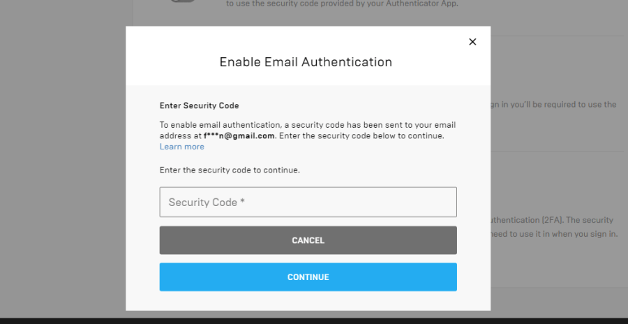 Screenshot of authentication to add an email.