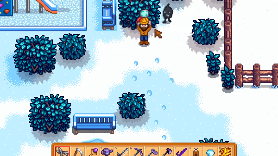 Character holding Magnifying Glass in Stardew Valley.