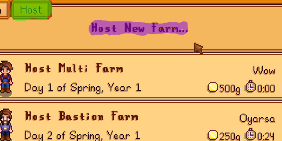 Stardew Valley highlighting host new farm.