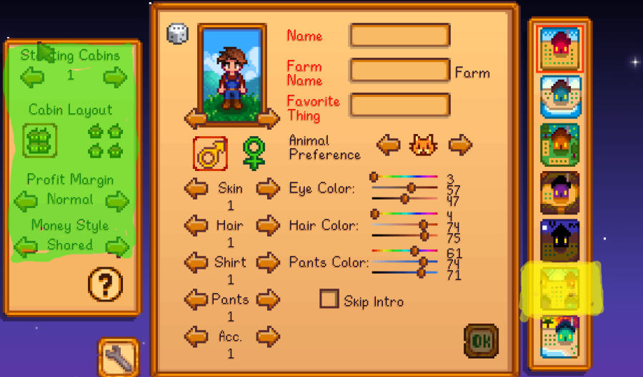 Stardew Valley multiplayer farm settings.