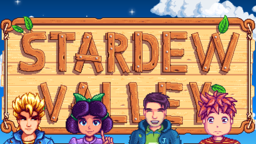 Four characters in front of Stardew Valley home screen.