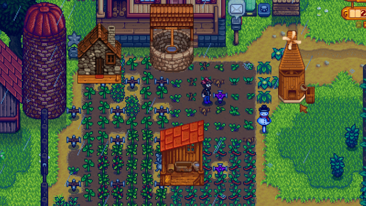 Stardew Valley farm with several misplaced buildings. 