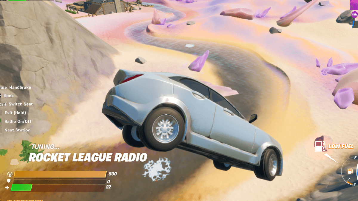 Fortnite Car with radio station on display.