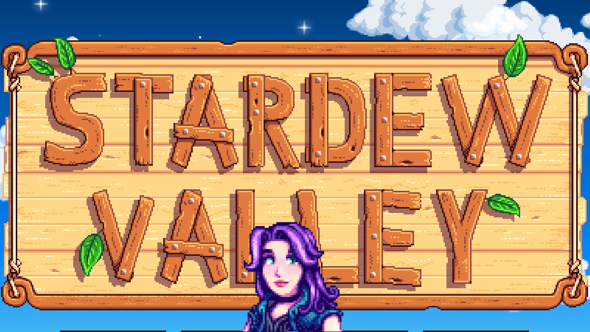 Abigail in front of the Stardew Valley loading screen.