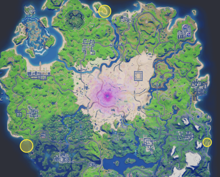 A map of Fortnite showing the location of the three Hidden Bunkers